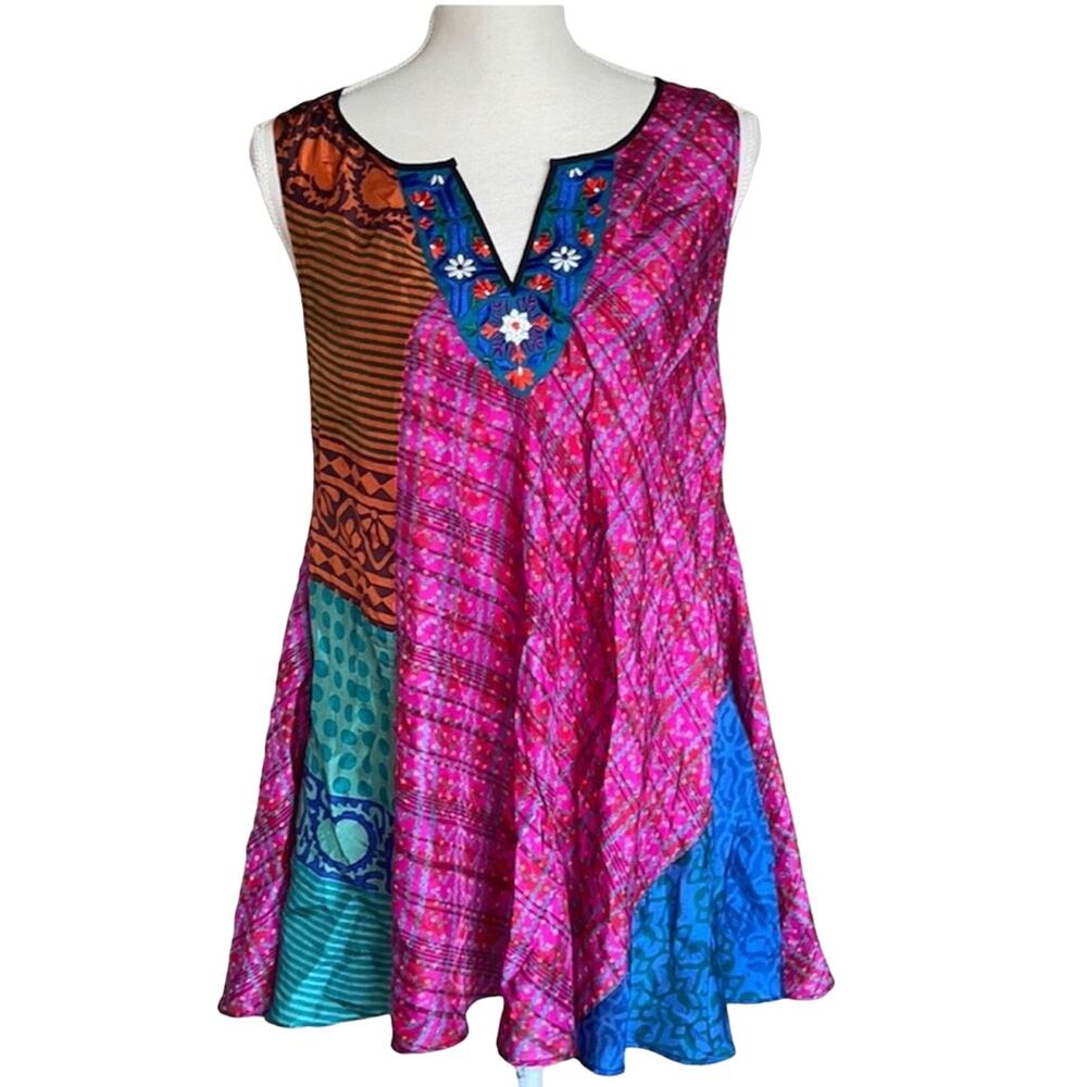 Niki Tlahapan (Anthropologie) Mixed Print Silk Embroidered Tank Blouse INV2
